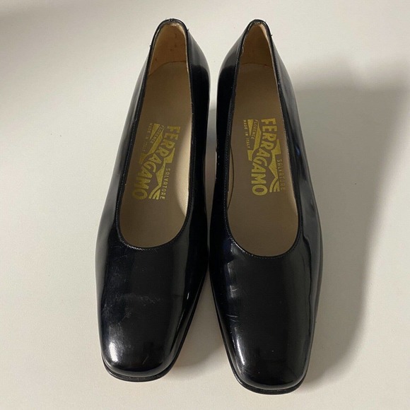 Salvatore Ferragamo Pump Patent Leather Black Block Heel 5 B Vintage Cla… - Picture 4 of 10